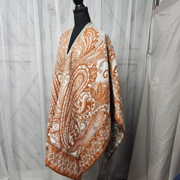 Unbranded Taupe Orange Reversible Paisley Boho Blanket Cape OSFA - Picture 12 of 14